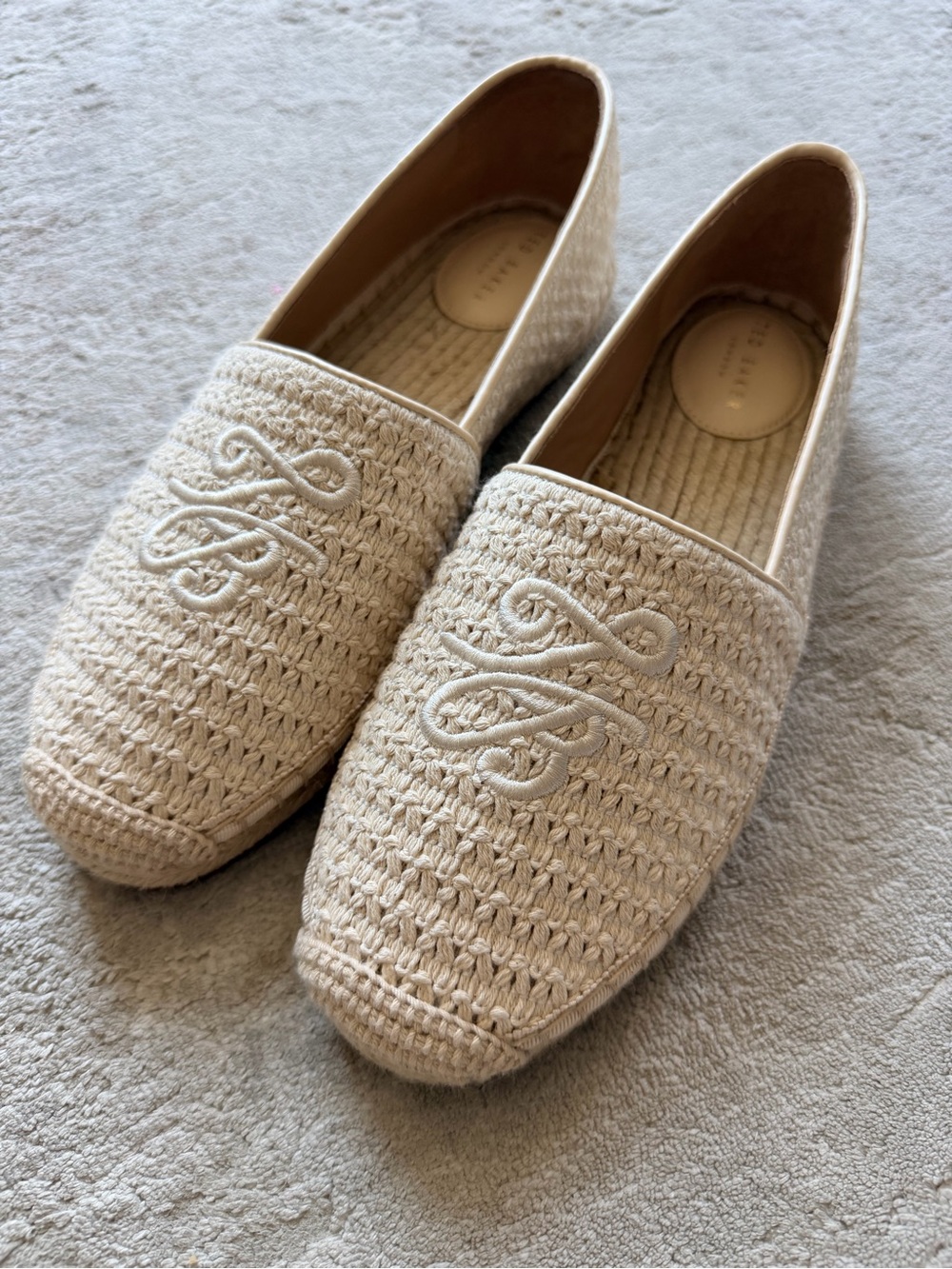 NEW Ted Baker Piper Cream Crochet Monogram Espadrilles Flats Sz 7.5